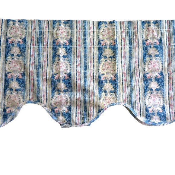 New Vintage JCPenney Valance Curtain Scalloped Blue Floral Stripe Pattern USA - Picture 3 of 11